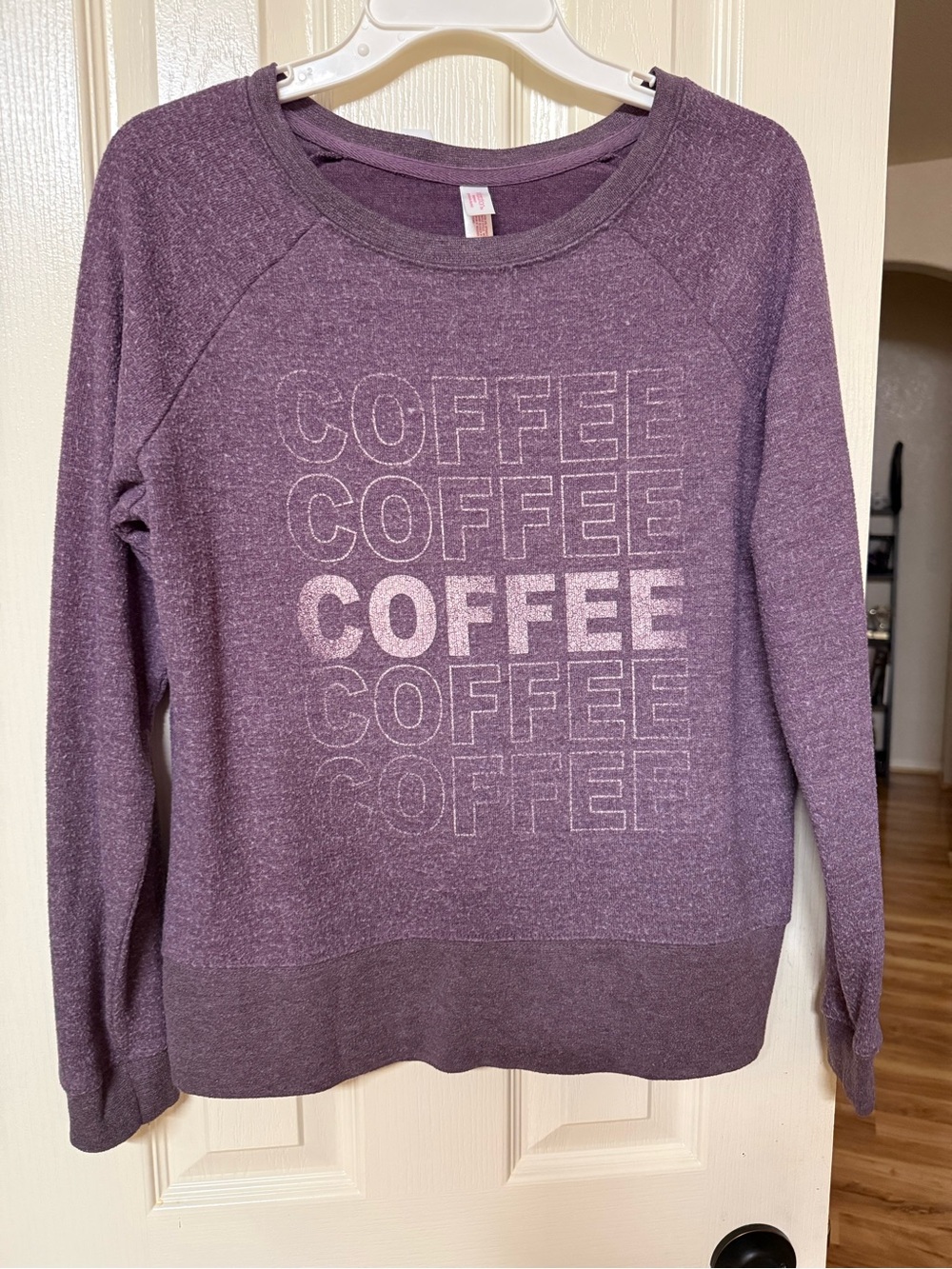 Xhilaration Purple Scoop Neck Sweatshirt with COFFEE Graphic